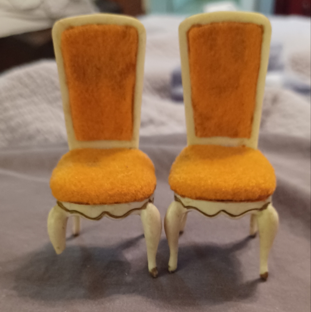 Vintage Ideal Petite Princess miniature orange dollhouse chairs  1:12 scale
